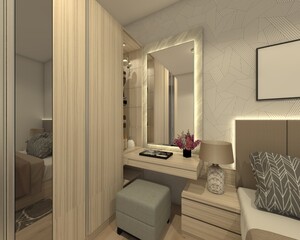 wooden wardrobe clothes and dressing table design in retro style with lighting decoration for interior bedroom