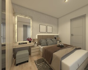 modern and minimalist bedroom design with comfortable bed, dressing table and lighting decoration