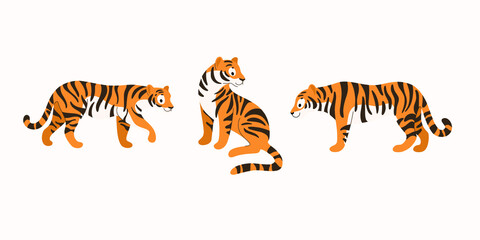 Tiger icon set. Different type of wild cat. Vector illustration for prints, clothing, packaging, stickers.