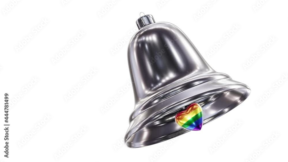 Poster realistic looping 3d animation of the silver christmas bell with a rainbow pride flag bell clapper r