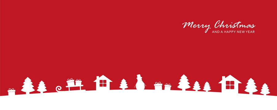 red christmas valley winter banner with fir house and gift