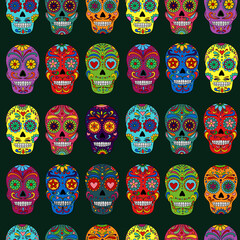 Tag des Totenschädelmusters. Dia de los muertos-Druck. Tag der Toten und mexikanische Halloween-Textur. Fest der mexikanischen Tradition. Tag des toten Zuckerschädels isoliert. Dia de los Muertos Tattoo