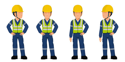 Set of industrial worker with arms akimbo on white background