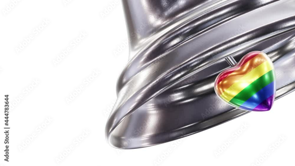 Poster realistic close-up view looping 3d animation of the silver christmas bell with a rainbow pride flag 