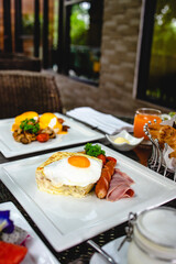 Full American Breakfast Huge healthy breakfast spread on a table with coffee Breakfast served with coffee English breakfast fried egg