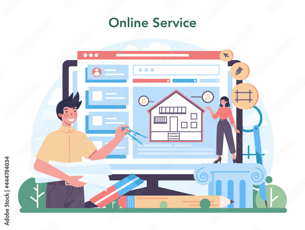 Aufkleber architecture online service or platform. idea of building project
