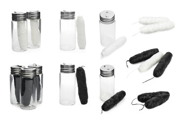 Set with rolls of natural dental floss on white background