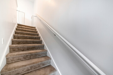 Basement stairs with carpeted steps and wall mounted handrails on a white wall