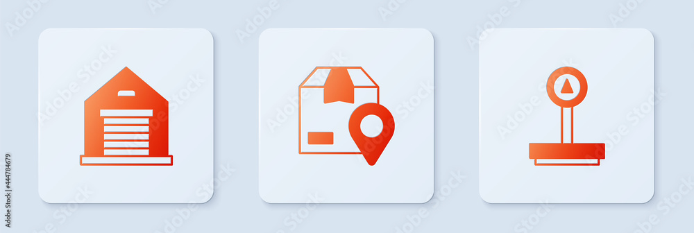 Poster set location with cardboard box, warehouse and scale. white square button. vector