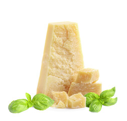 Delicious parmesan cheese and basil on white background