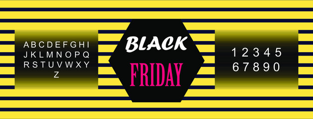 Naklejka premium Black Friday concept. Black Friday is written on a banner. View in the middle, yellow background black Friday with Alphabet and numbers, banner vector design for social media, shop ads, marketing post