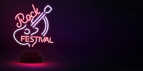 Vector realistic isolated neon sign of Rock Festival logo for template decoration with copy space on the dark background. Concept of live concert and music.