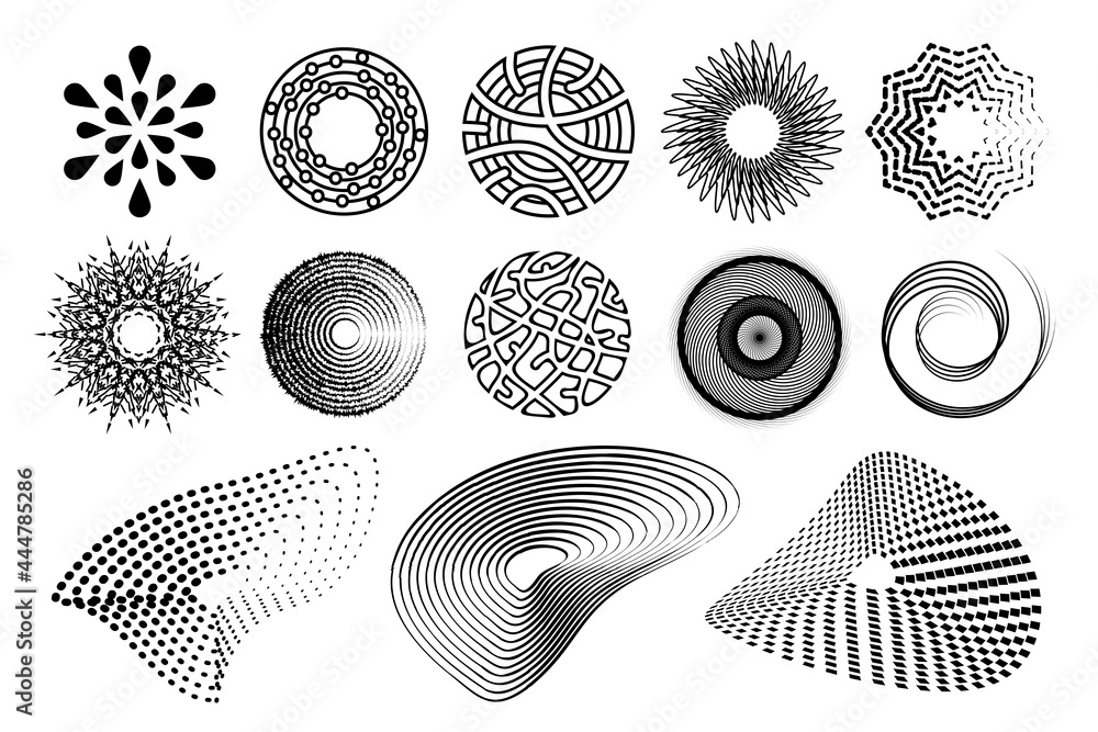Poster circle design elements and shapes. halftone flowing liquid dot pattern overlay. set of circular desi