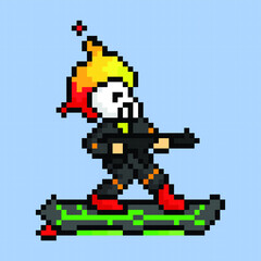 fire head skeleton use hoverboard and rifle gun with pixel art style