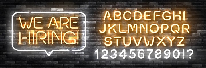 Vector realistic isolated neon sign of We Are Hiring with easy to change color alphabet font logo for template decoration and invitation covering on the wall background.