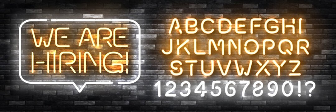 Vector realistic isolated neon sign of We Are Hiring with easy to change color alphabet font logo for template decoration and invitation covering on the wall background.