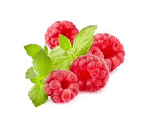 Ripe Raspberries with fresh mint leaves Isolated on White Background