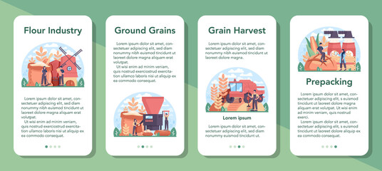 Flour melling industry mobile application banner set. Modern grain harvest
