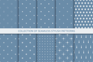 Collection of simple seamless stylish patterns. Minimalistic endless blue backgrounds. Elegant trendy design