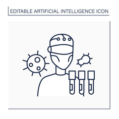 Robot line icon. AI in medicine. Digital scientist. Research and examine viruses. AI diagnostic concept. Isolated vector illustration. Editable stroke