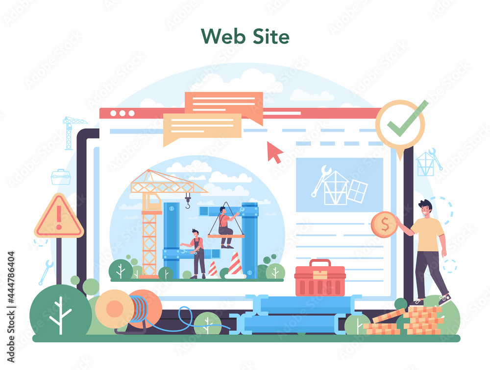 Poster installer online service or platform. worker in uniform installing