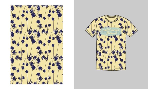 Palm tree all over print t-shirt with front typography. California beach text with summer trend pattern in warm color. 
