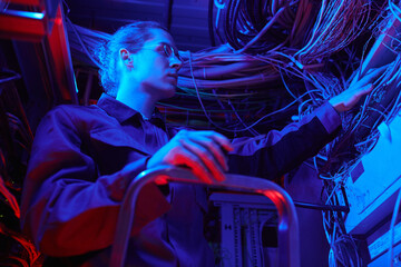 Portrait of young man setting up computer network in server room with cables and wires, copy space