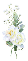 A boutonniere with the white wild roses, green berries and herbs hand painted in watercolor isolated on a white background. Watercolor illustration. Floral boutonniere. Bouquet with wild white roses.