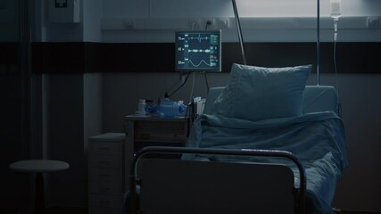 Empty emergency healthcare hospital ward decorated with medical equipment, bed, monitor, computer, wheelchair. Reanimation room for healing treatment disease, surgery recover, clinical help