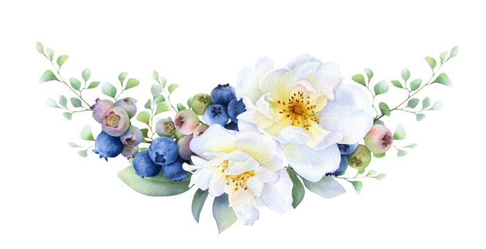 Floral composition of the wild white roses, blueberries, herbs and green leaves hand painted in watercolor isolated on a white background. Watercolor floral illustration. Floral garland, frame