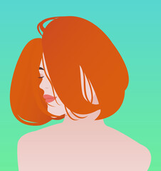 Portrait of a beautiful woman or girl in profile shoulder-length with thick voluminous red hair and a bob haircut. Vector illustration.