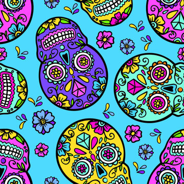 Bright mexican festive background with sugar skulls The day of the Dead. Seamless vector pattern for textile, fabric, t shirt , post card and more
