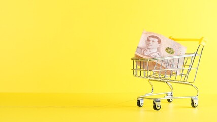 Shopping cart and one thousand Thai baht note on a yellow background, closeup. Black Friday...