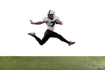 Fototapeta na wymiar American football player isolated on white studio background.