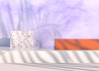 Podium with palm leaves shadows for cosmetic product presentation. Empty showcase pedestal backdrop mock up. 3d render.
