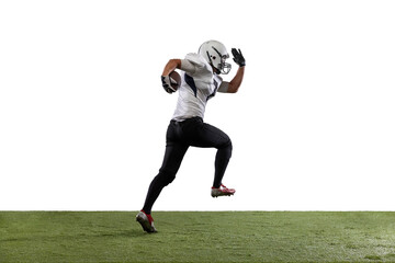 Fototapeta na wymiar American football player isolated on white studio background. Back view