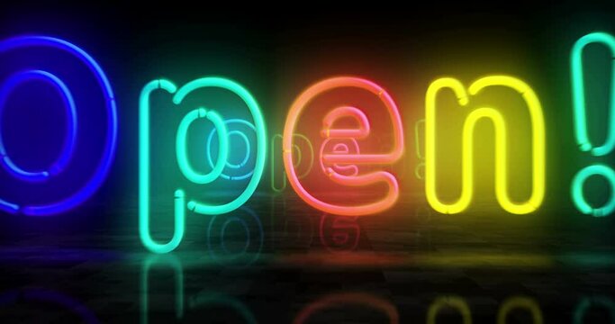 Open neon symbol. Light color bulbs. Abstract seamless and loopable concept. 3d flying through the tunnel animation.