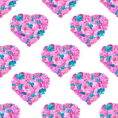 Seamless patterns with hearts filled with pink and turquoise flowers on a white background. Watercolor illustration. Wedding, Valentine's Day. Love. For cards, invitations, packaging, textiles.