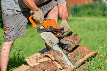 sawing timber with a chainsaw on a sunny day in summer