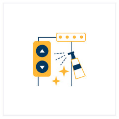 Elevator disinfecting flat icon. Public places sanitizing. Surface disinfection. Safety space and preventative measures. Preventing virus spread concept. Vector illustration