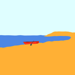 Vector seascape  wooden boat on a summer blue sky and underwater marine life . Summer beach illustration. Vector illustration