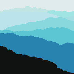 Fototapeta na wymiar Vector Illustration Of Beautiful in blue colors Mountain Landscape With Fog And Forest. Sunrise And Sunset In Mountains. Vector illustration