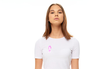 Fototapeta premium woman wearing white t-shirt charitable foundation health light background