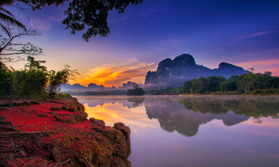 sunrise over the lake in krabi thailand