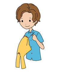 服の破れを縫い直す男の子のイラスト