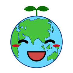 笑顔の表情のついた擬人化した葉っぱの生えた地球キャラクターのイラスト