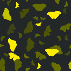 Pattern with yellow butterflies on a black background. Suitable for curtains, wallpaper, fabrics, wrapping paper. flat hand drawn vector illustration