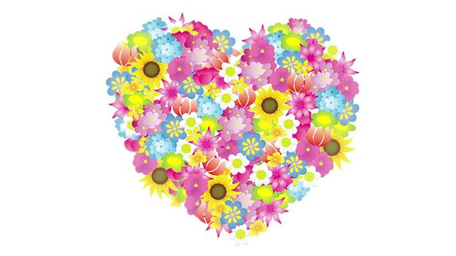 Animation with hearts made of flowers on a white background