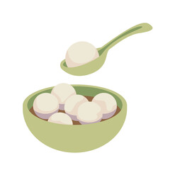 Taiwan traditional holiday food. Tasty glutinous rice balls in a traditional green porcelain bowl. Lantern festival. Vector illustration in flat style. Isolate on a white background.