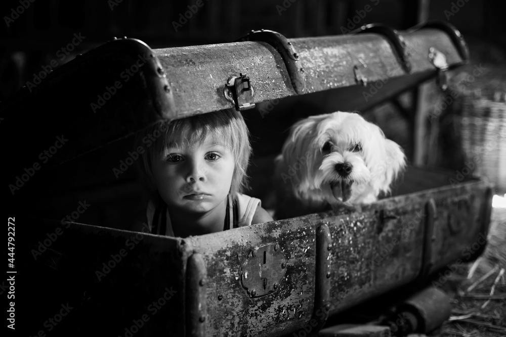 Canvas Prints Cute toddler child, blond boy, hiding in a big suitcase in the attic, looking scared